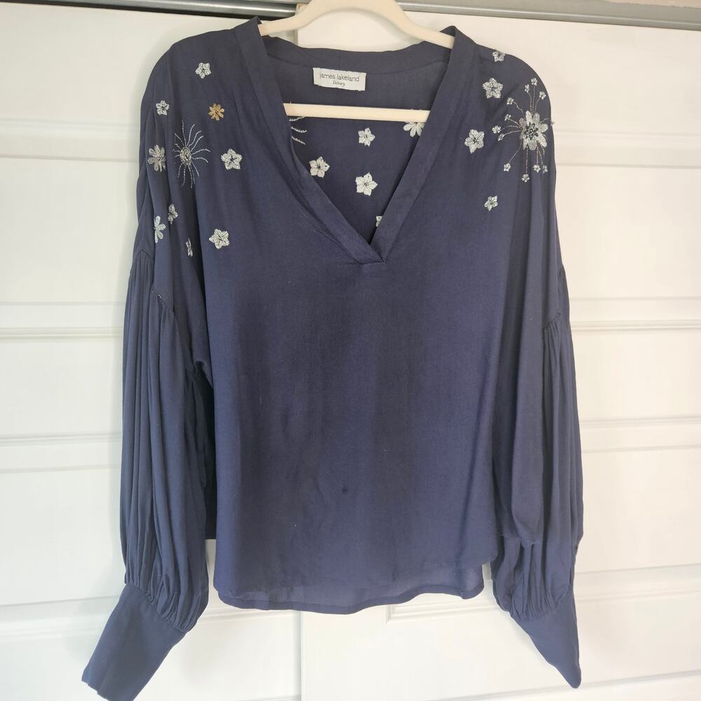 James Lakeland Embroidered Top Navy Boho Peasant Blouse Silver Floral Size